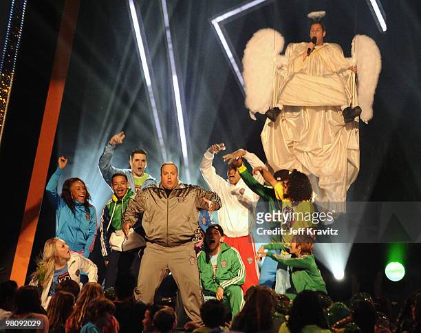 Host Kevin James and actor Adam Sandler perform onstage at Nickelodeon's 23rd Annual Kids' Choice Awards held at UCLA's Pauley Pavilion on March 27,...