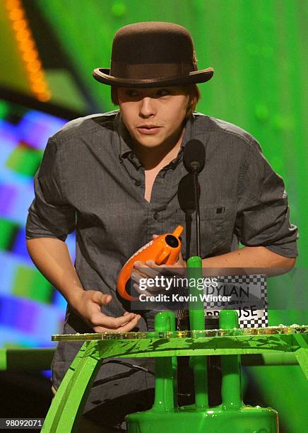 Actor Dylan Sprouse accepts the Favorite TV Actor award onstage at Nickelodeon's 23rd Annual Kids' Choice Awards held at UCLA's Pauley Pavilion on...