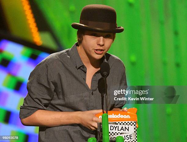 Actor Dylan Sprouse accepts the Favorite TV Actor award onstage at Nickelodeon's 23rd Annual Kids' Choice Awards held at UCLA's Pauley Pavilion on...
