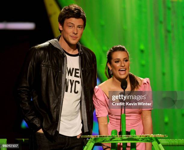 Actor Cory Monteith and actress Lea Michele present the Favorite TV Actor award onstage at Nickelodeon's 23rd Annual Kids' Choice Awards held at...