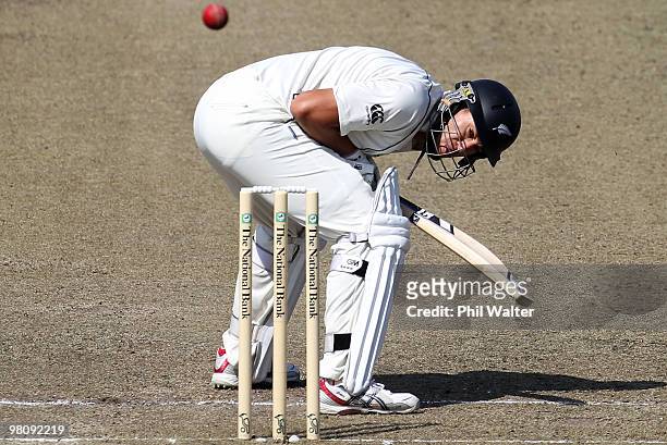 Ross Taylor of New Zealand ducks a delivery from Ryan Harris of Australia during day two of the Second Test Match between New Zealand and Australia...