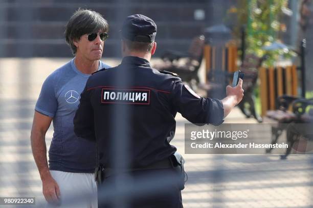 Joachim Loew, head coach of Germany pose for a selfie prior his start for a morning run on Adler Beach Boulevard at the team Hotel Radisson Blu...
