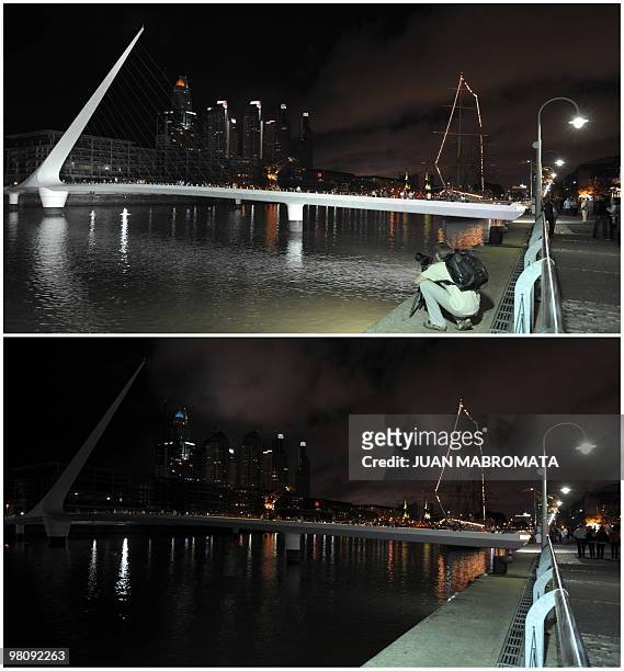 Combo picture showing the Puente de la Mujer after and during Earth Hour on March 27 in Buenos Aires dowtown as part of the Earth Hour switch-off,...