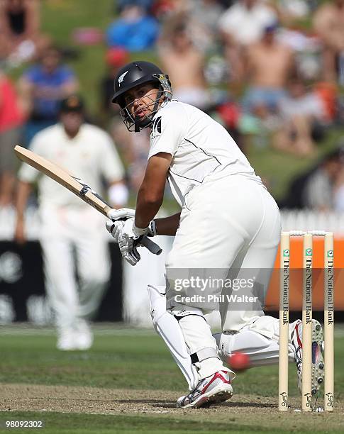 Ross Taylor of New Zealand bats during day two of the Second Test Match between New Zealand and Australia at Seddon Park on March 28, 2010 in...