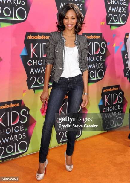 Actress Zoe Saldana arrives at Nickelodeon's 23rd Annual Kids' Choice Awards held at UCLA's Pauley Pavilion on March 27, 2010 in Los Angeles,...