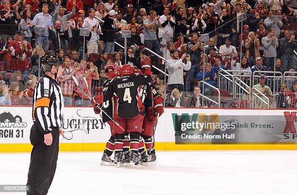 Zbynek Michalek of the Phoenix Coyotes celebrates with teammates after a goal against the Colorado Avalanche on March 27, 2010 at Jobing.com Arena in...