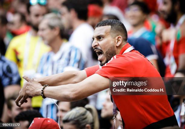 Fan of Morroco reacts during the 2018 FIFA World Cup Russia group B match between Portugal and Morocco at Luzhniki Stadium on June 20, 2018 in...