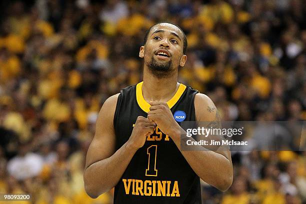 Da'Sean Butler of the West Virginia Mountaineers reacts in the second half the Kentucky Wildcats during the east regional final of the 2010 NCAA...