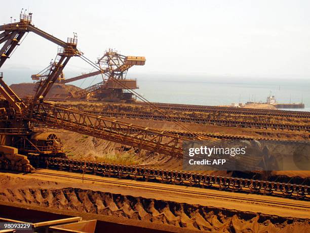 Technology-Australia-Britain-mining-RioTinto, by Amy Coopes This photo taken on March 4, 2010 shows Remote-controlled stackers and reclaimers moving...