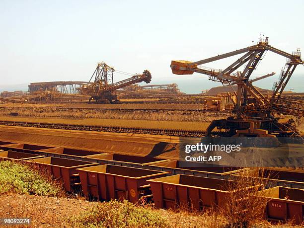 Technology-Australia-Britain-mining-RioTinto, by Amy Coopes This photo taken on March 4, 2010 shows remote-controlled stackers and reclaimers moving...