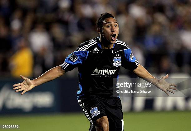 Arturo Alvarez of the San Jose Earthquakes reacts after a call during their game against the Real Salt Lake at Buck Shaw Stadium on March 27, 2010 in...