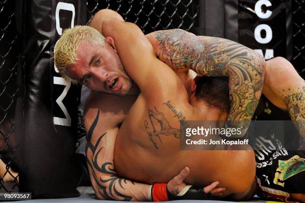 Fighter Kurt Pellegrino battles Fabricio Camoes during their Lightweight "Swing" bout at UFC 111 at the Prudential Center on March 27, 2010 in...