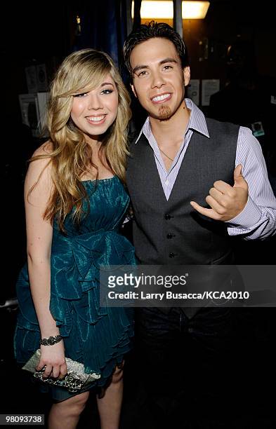 Actress Jennette McCurdy and Olympic Short Track Speed Skater Apolo Anton Ohno backstage at Nickelodeon's 23rd Annual Kids' Choice Awards held at...