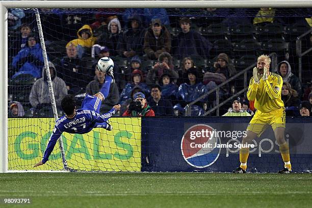 Goalkeeper Jimmy Neilsen of the Kansas City Wizards screams instructions as Roger Espinoza executes a bicycle kick to clear the ball from the front...