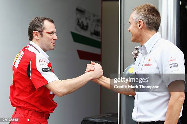 Ferrari Team Principal Stefano Domenicali talks with McLaren Mercedes Team Principal Martin Whitmarsh before the Australian Formula One Grand Prix at...