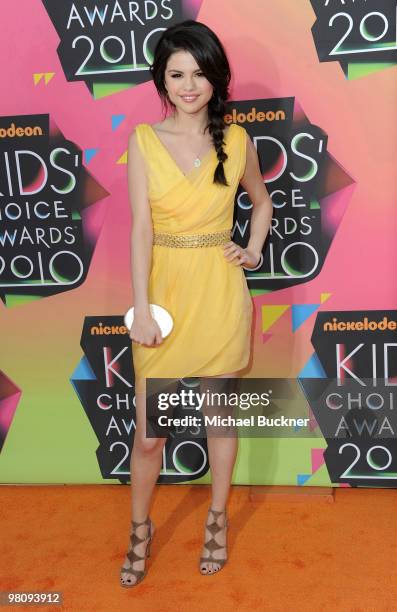 Actress Selena Gomez arrives at Nickelodeon's 23rd Annual Kids' Choice Awards held at UCLA's Pauley Pavilion on March 27, 2010 in Los Angeles,...