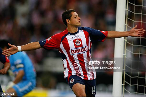 Chiva's player Javier Hernandez celebrates his scored goal against San Luis during their match in the Bicentenario 2010 tournament, the closing stage...