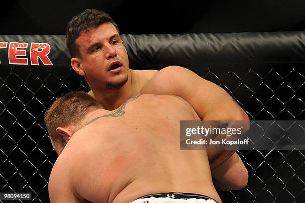 Fighter Frank Mir battles Shane Carwin during their "Interim" Heavyweight title bout at UFC 111 at the Prudential Center on March 27, 2010 in Newark,...