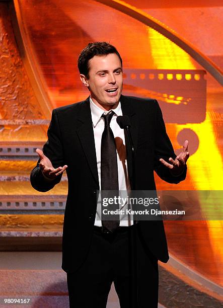 Actor Casey Affleck speaks onstage during American Cinematheque 24th Annual Award Presentation To Matt Damon at The Beverly Hilton hotel on March 27,...