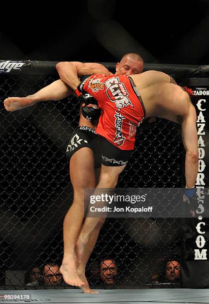 Fighter Georges St-Pierre battles Dan Hardy during their Welterweight title bout at UFC 111 at the Prudential Center on March 27, 2010 in Newark, New...