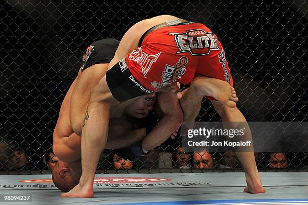 Fighter Georges St-Pierre battles Dan Hardy during their Welterweight title bout at UFC 111 at the Prudential Center on March 27, 2010 in Newark, New...