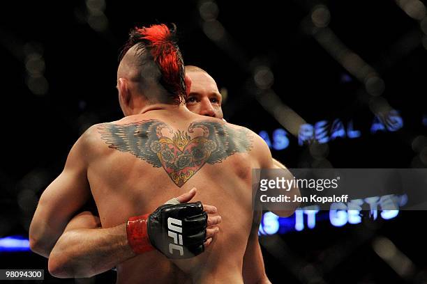 Fighter Georges St-Pierre celebrates his win over Dan Hardy during their Welterweight title bout at UFC 111 at the Prudential Center on March 27,...