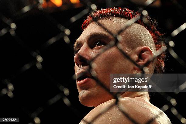 Fighter Dan Hardy looks on after losing to Georges St-Pierre during their Welterweight title bout at UFC 111 at the Prudential Center on March 27,...