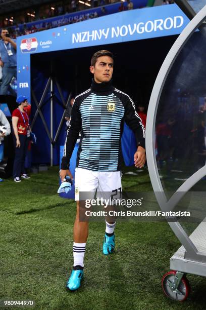 Paulo Dybala of Argentina walks out ahead of the 2018 FIFA World Cup Russia group D match between Argentina and Croatia at Nizhny Novgorod Stadium on...