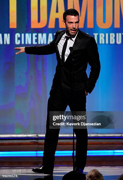 Actor Ben Affleck speaks onstage during American Cinematheque 24th Annual Award Presentation To Matt Damon at The Beverly Hilton hotel on March 27,...