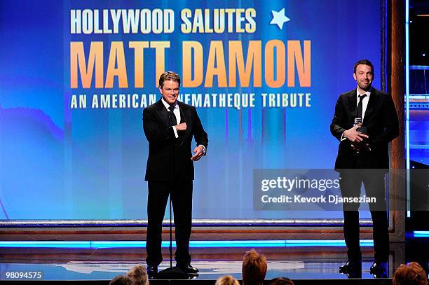 Honoree actor Matt Damon and actor Ben Affleck speak onstage during American Cinematheque 24th Annual Award Presentation To Matt Damon at The Beverly...