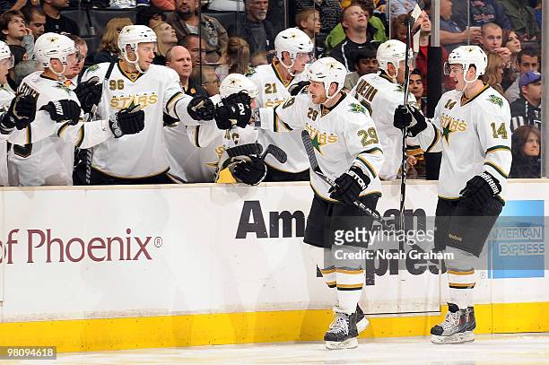 Steve Ott and Jamie Benn of the Dallas Stars celebrate with the bench after a goal against the Los Angeles Kings on March 27, 2010 at Staples Center...