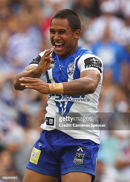Ben Barba of the Bulldogs celebrates scoring a try during the round three NRL match between the Canterbury Bulldogs and the Sydney Roosters at ANZ...