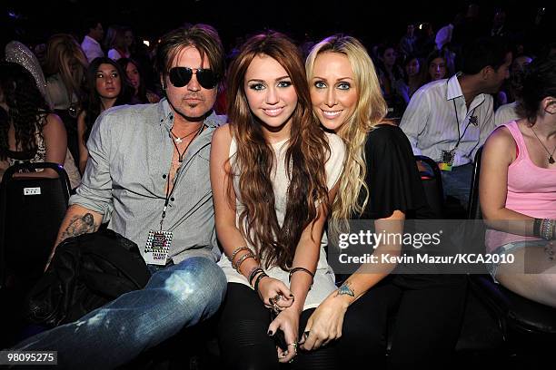 Billy Ray Cyrus, Miley Cyrus and Tish Cyrus attend Nickelodeon's 23rd Annual Kids' Choice Awards held at UCLA's Pauley Pavilion on March 27, 2010 in...