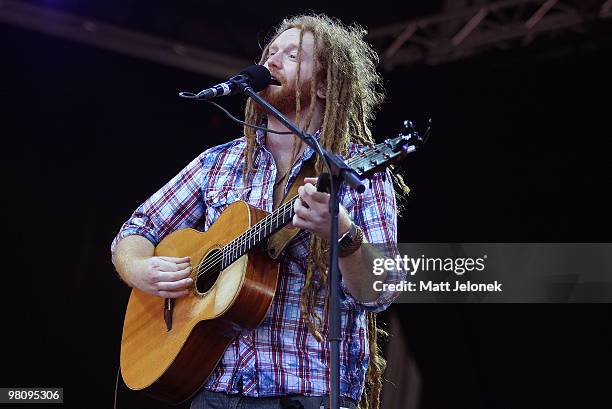 Newton Faulkner performs on stage in concert at the West Coast Bluesfest one day festival at Fremantle Park on March 28, 2010 in Perth, Australia.