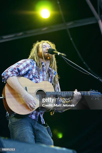 Newton Faulkner performs on stage in concert at the West Coast Bluesfest one day festival at Fremantle Park on March 28, 2010 in Perth, Australia.