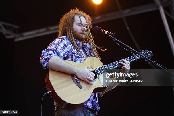 Newton Faulkner performs on stage in concert at the West Coast Bluesfest one day festival at Fremantle Park on March 28, 2010 in Perth, Australia.