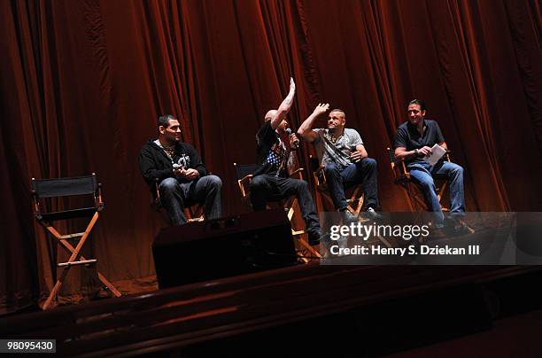 Fighter Cain Velasquez, Jason Ellis, UFC Fighter Chuck Liddell and UFC Fighter Stephan Bonnar attends the UFC 111 Viewing Party at Radio City Music...