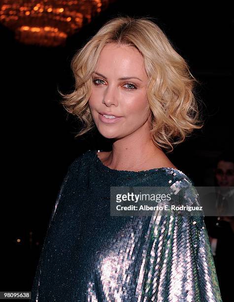 Actress Charlize Theron poses at the 24th Annual American Cinematheque Award presentation to Matt Damon at The Beverly Hilton hotel on March 27, 2010...