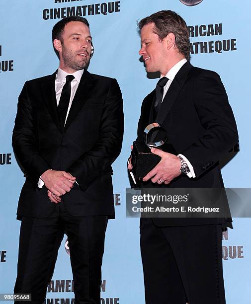 Actor Ben Affleck and actor Matt Damon talk at the 24th Annual American Cinematheque Award presentation to Matt Damon at The Beverly Hilton hotel on...