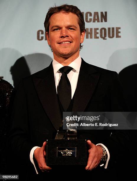 Actor Matt Damon poses at the 24th Annual American Cinematheque Award presentation to Matt Damon at The Beverly Hilton hotel on March 27, 2010 in...