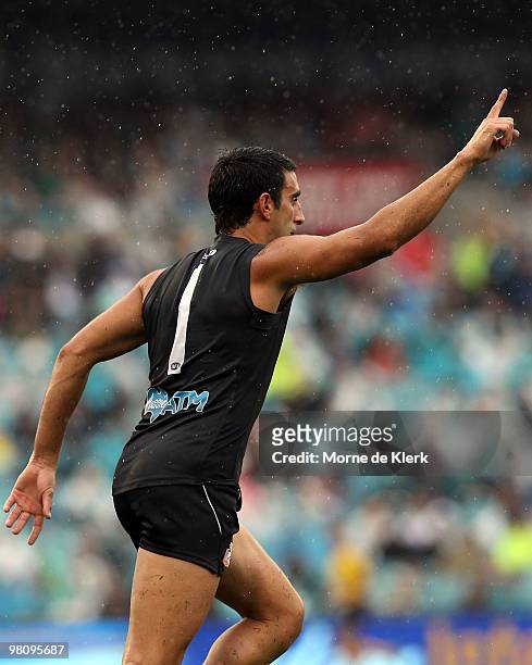 Domenic Cassisi of the Power celebrates a goal during the round one AFL match between the Port Adelaide Power and the North Melbourne Kangaroos at...