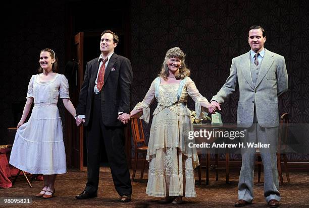 Actors Keira Keeley, Patch Darragh, Judith Ivey and Michael Mosley take their curtian call during the opening of "The Glass Menagerie" at the...