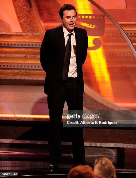 Actor Casey Affleck speaks at the 24th Annual American Cinematheque Award presentation to Matt Damon at The Beverly Hilton hotel on March 27, 2010 in...
