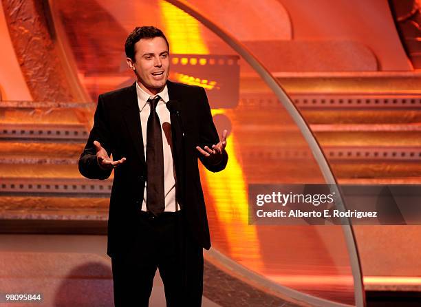 Actor Casey Affleck speaks at the 24th Annual American Cinematheque Award presentation to Matt Damon at The Beverly Hilton hotel on March 27, 2010 in...