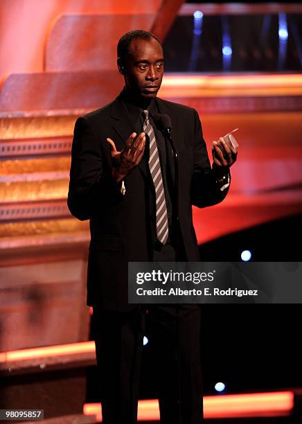 Actor Don Cheadle speaks at the 24th Annual American Cinematheque Award presentation to Matt Damon at The Beverly Hilton hotel on March 27, 2010 in...