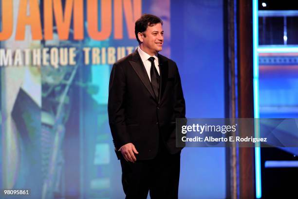 Host Jimmy Kimmel speaks at the 24th Annual American Cinematheque Award presentation to Matt Damon at The Beverly Hilton hotel on March 27, 2010 in...