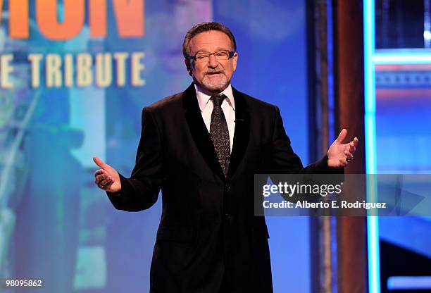 Actor Robin Williams speaks at the 24th Annual American Cinematheque Award presentation to Matt Damon at The Beverly Hilton hotel on March 27, 2010...