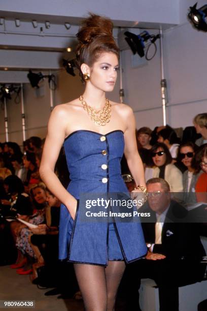 Cindy Crawford models Donna Karan during New York Fashion Week 1991 in New York