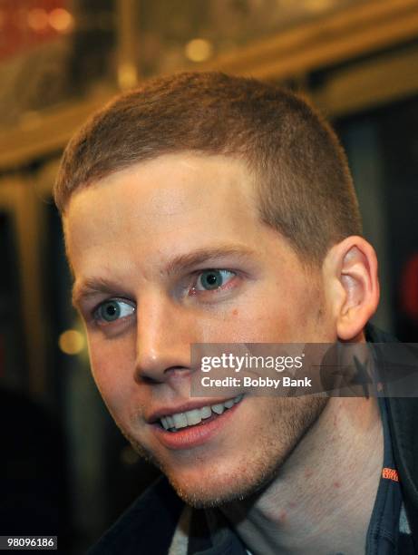 Actor Stark Sands exits the stage doors of Green Day's "American Idiot" at the St. James Theater in Manhattan on March 27, 2010 in New York City.