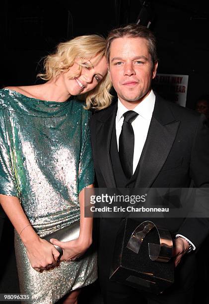 Charlize Theron and Matt Damon at the 24th American Cinematheque Annual Gala Honoring Matt Damon on March 27, 2010 at the Beverly Hilton Hotel in...